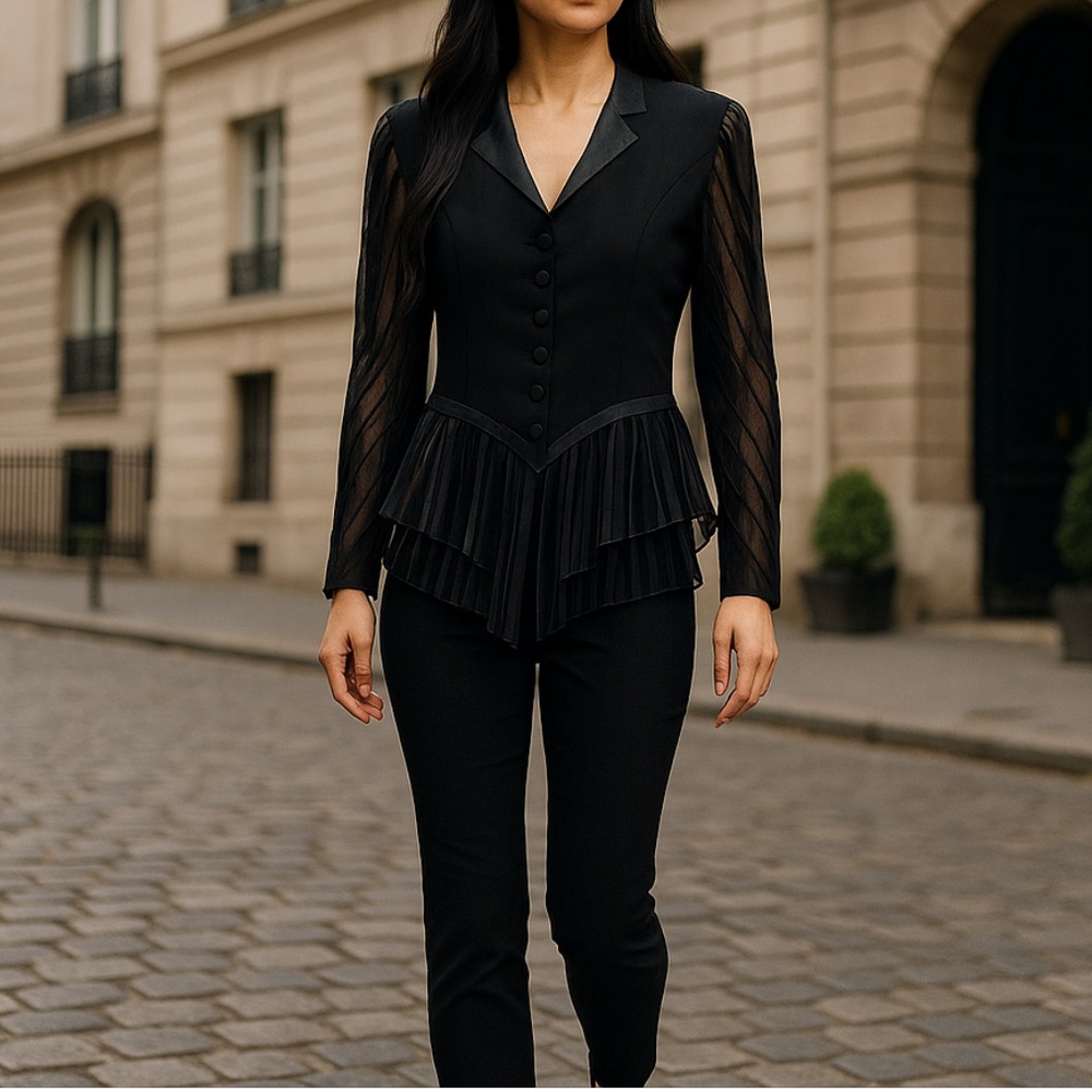 Vintage Alberto Makali Black Sheer Sleeve Blouse Black Tux Suit Jacket Top 6 M - Picture 8 of 8
